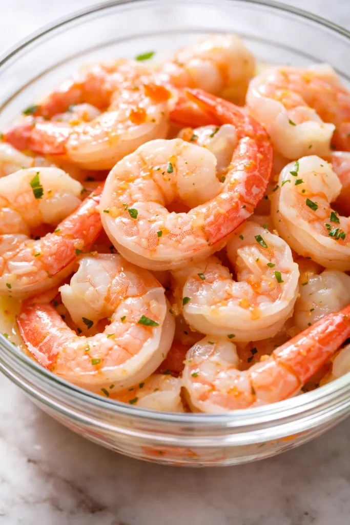 Vibrant shrimp ceviche in a glass bowl with fresh cilantro, diced avocado, and red onion, marinated in citrus juices – bright and fresh.