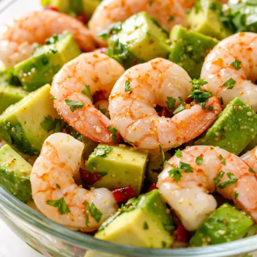 Fresh avocado shrimp ceviche in a bowl with creamy avocado chunks, juicy shrimp, diced tomatoes, and cilantro, garnished with lime wedges.