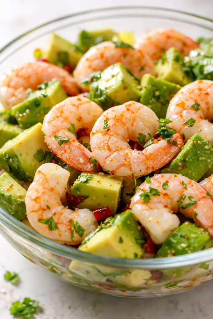 Fresh avocado shrimp ceviche in a bowl with creamy avocado chunks, juicy shrimp, diced tomatoes, and cilantro, garnished with lime wedges.