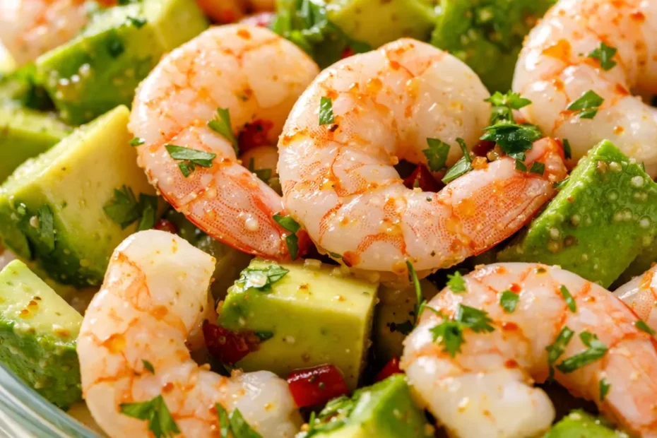 Fresh avocado shrimp ceviche in a bowl with creamy avocado chunks, juicy shrimp, diced tomatoes, and cilantro, garnished with lime wedges.