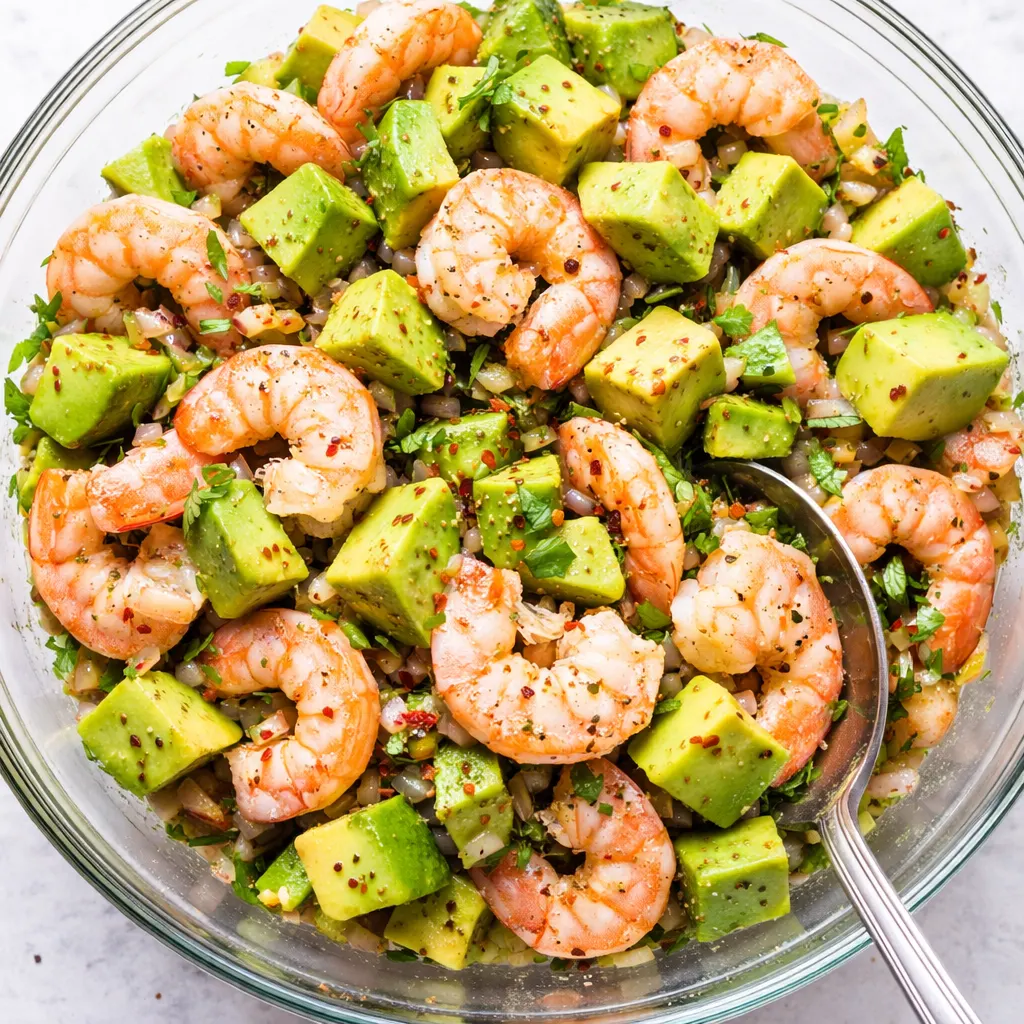 Fresh shrimp and diced avocado mixed with cilantro and lime juice, creating a colorful ceviche.