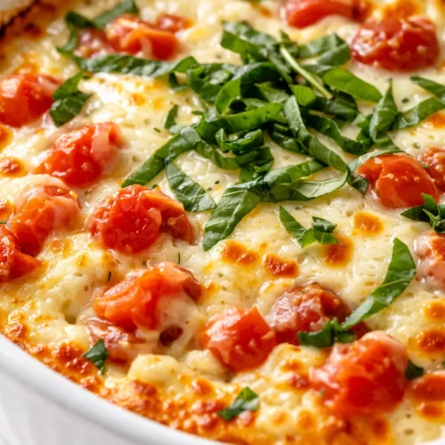 Baked bruschetta dip with melted mozzarella, cherry tomatoes, and basil, thick and cheesy consistency.