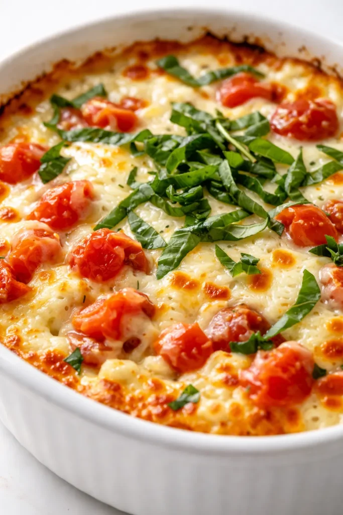 Baked bruschetta dip with melted mozzarella, cherry tomatoes, and basil, thick and cheesy consistency.