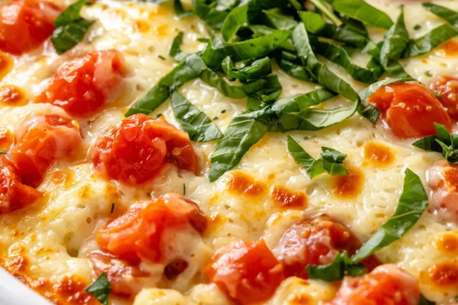 Baked bruschetta dip with melted mozzarella, cherry tomatoes, and basil, thick and cheesy consistency.