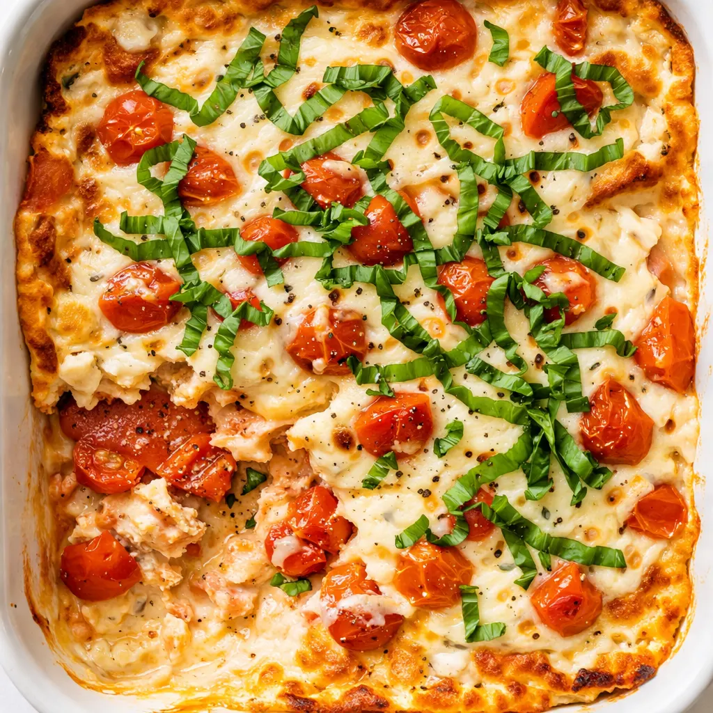Thick and cheesy baked bruschetta dip with melted mozzarella, cherry tomatoes, and basil, golden and bubbly in a baking dish.