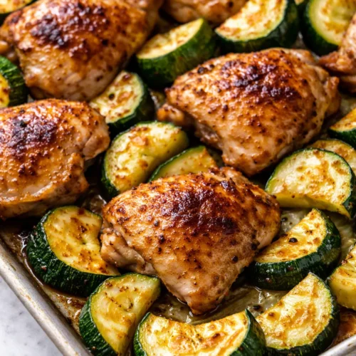Golden and juicy baked chicken pieces alongside tender zucchini slices, lightly charred at the edges, on a baking sheet.