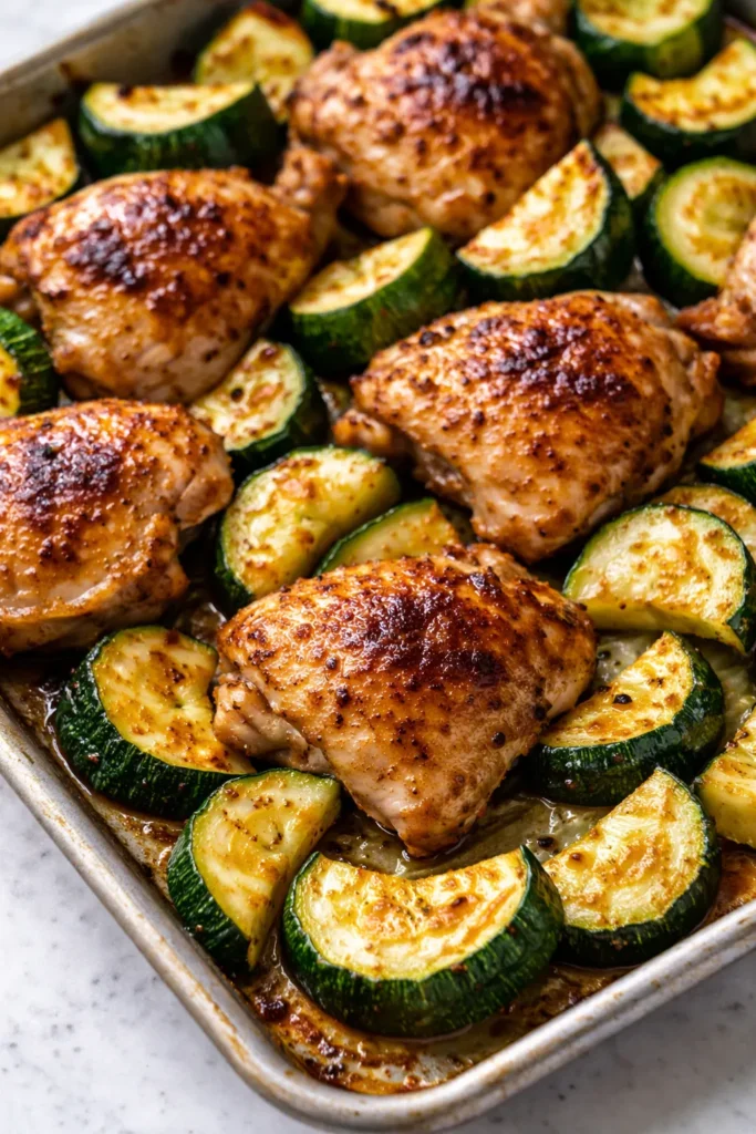 Golden and juicy baked chicken pieces alongside tender zucchini slices, lightly charred at the edges, on a baking sheet.