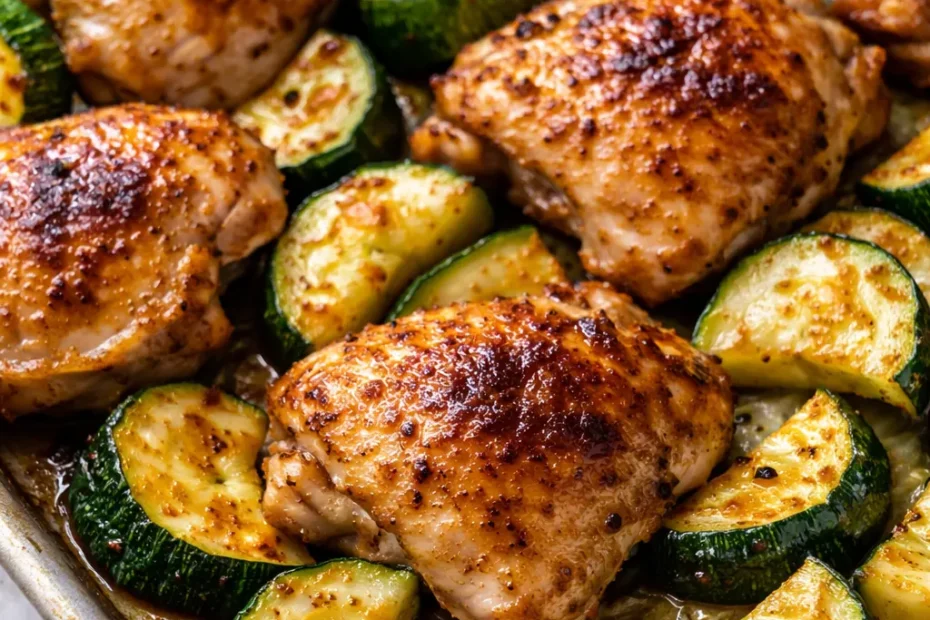 Golden and juicy baked chicken pieces alongside tender zucchini slices, lightly charred at the edges, on a baking sheet.