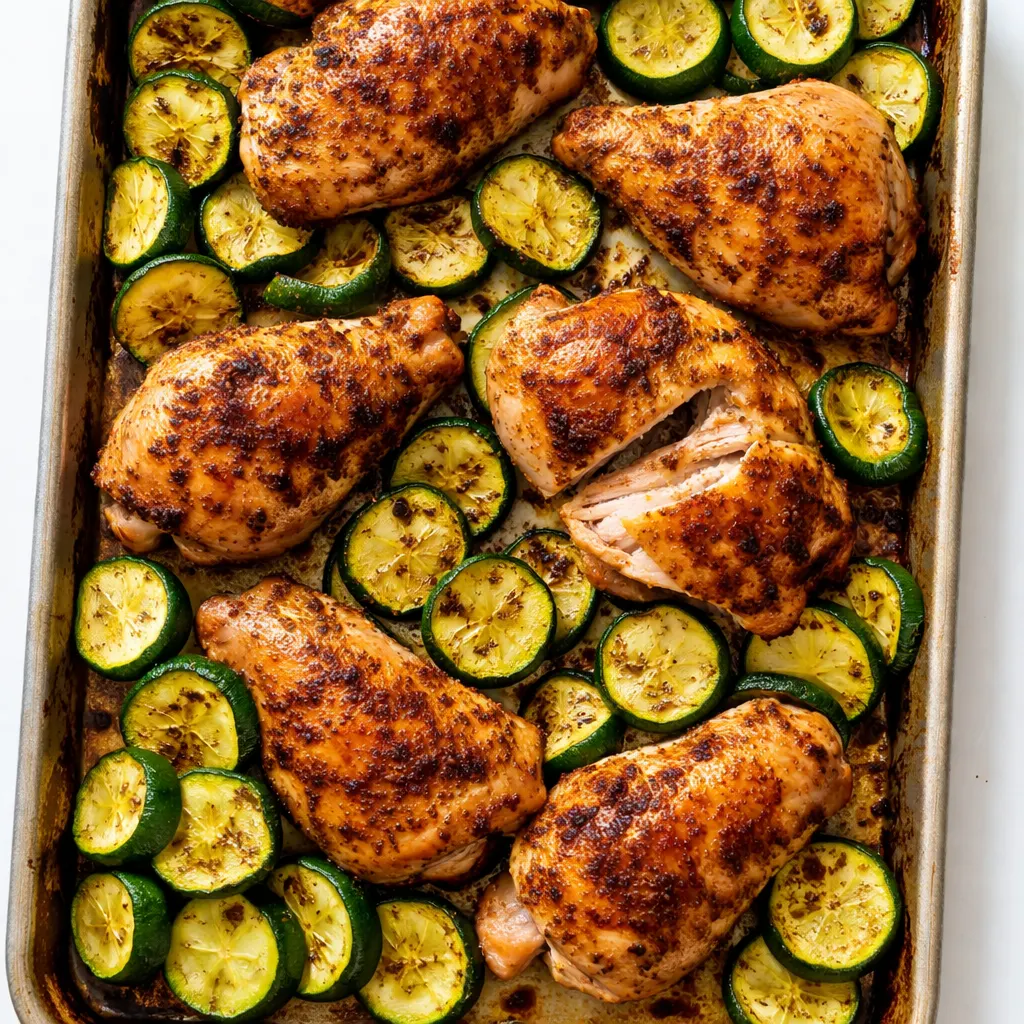Golden baked chicken thighs and zucchini slices in a hot oven, juices glistening and edges caramelized.