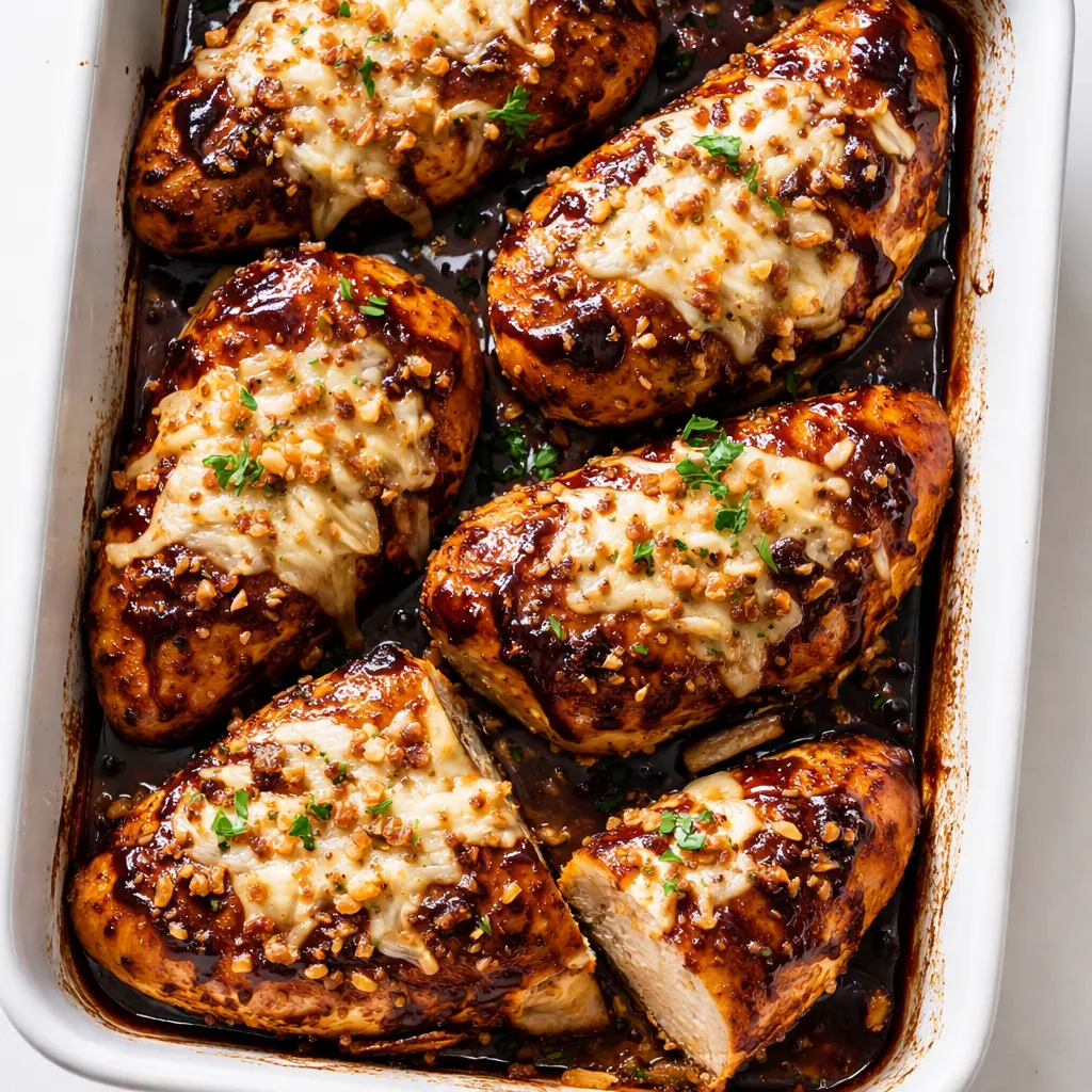 Juicy balsamic baked chicken breast topped with melted mozzarella, golden browned, on a baking sheet