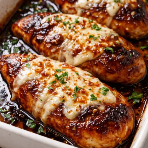 Balsamic baked chicken breast topped with melted mozzarella cheese, glistening with balsamic reduction and fresh basil, served on a white plate.