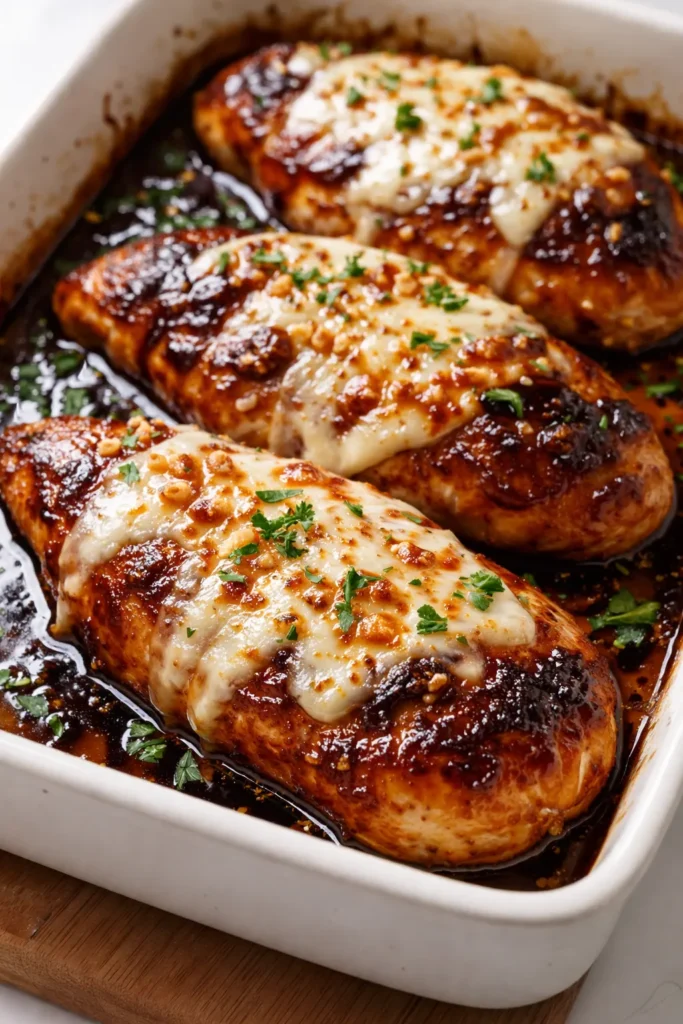 Balsamic baked chicken breast topped with melted mozzarella cheese, glistening with balsamic reduction and fresh basil, served on a white plate.