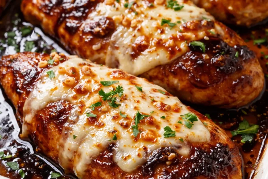 Balsamic baked chicken breast topped with melted mozzarella cheese, glistening with balsamic reduction and fresh basil, served on a white plate.