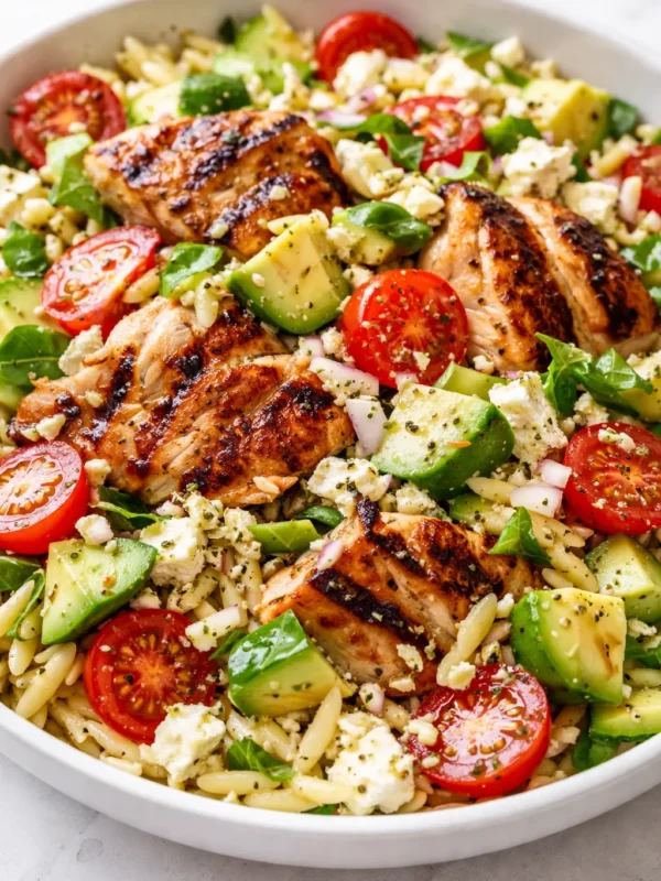 Bright, Lemony Grilled Chicken Orzo Salad with Creamy Avocado