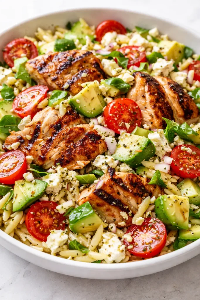 Bright lemony grilled chicken orzo salad with creamy avocado, featuring tender chicken, al dente orzo, fresh greens, and ripe avocado slices with lemon wedges.