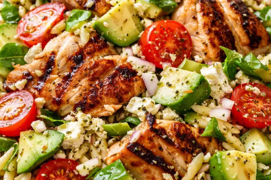 Bright lemony grilled chicken orzo salad with creamy avocado, featuring tender chicken, al dente orzo, fresh greens, and ripe avocado slices with lemon wedges.