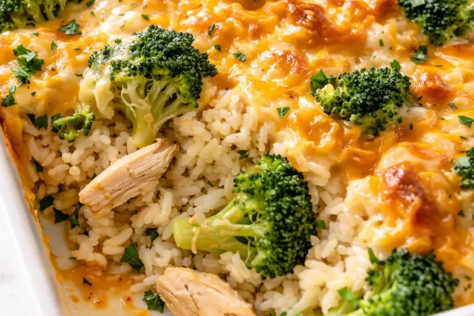 Creamy broccoli cheddar chicken and rice casserole baked until golden, with melted cheese and tender broccoli pieces.