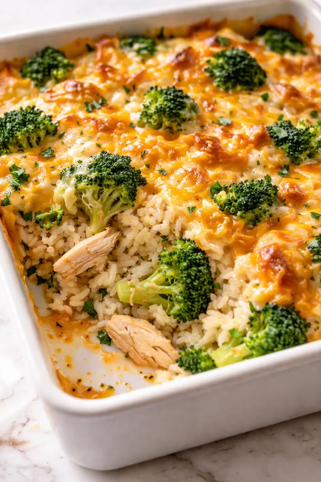 Creamy broccoli cheddar chicken and rice casserole baked until golden, with melted cheese and tender broccoli pieces.
