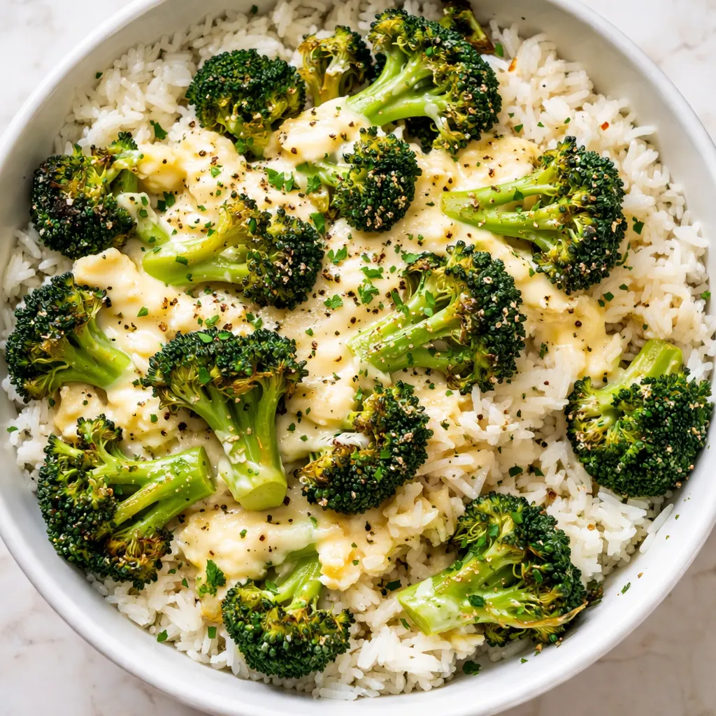 Process shot of the broccoli cheddar rice recipe: fluffy rice, broccoli florets, melted cheddar, no mushiness.