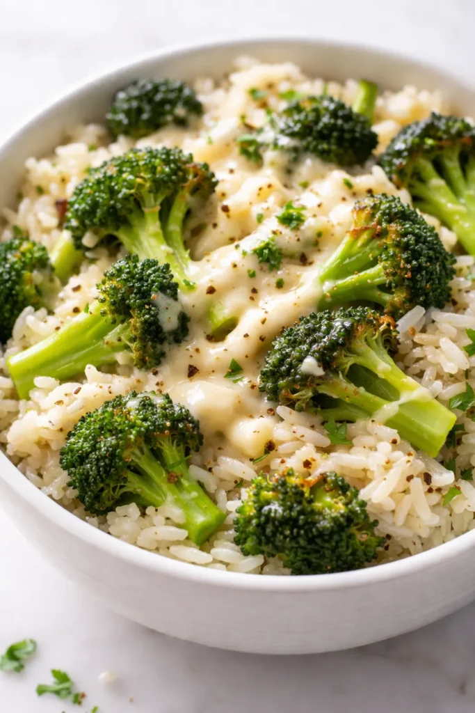 Creamy broccoli cheddar rice in a white bowl, with tender broccoli florets and melted cheddar cheese, not mushy.