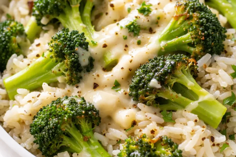 Creamy broccoli cheddar rice in a white bowl, with tender broccoli florets and melted cheddar cheese, not mushy.
