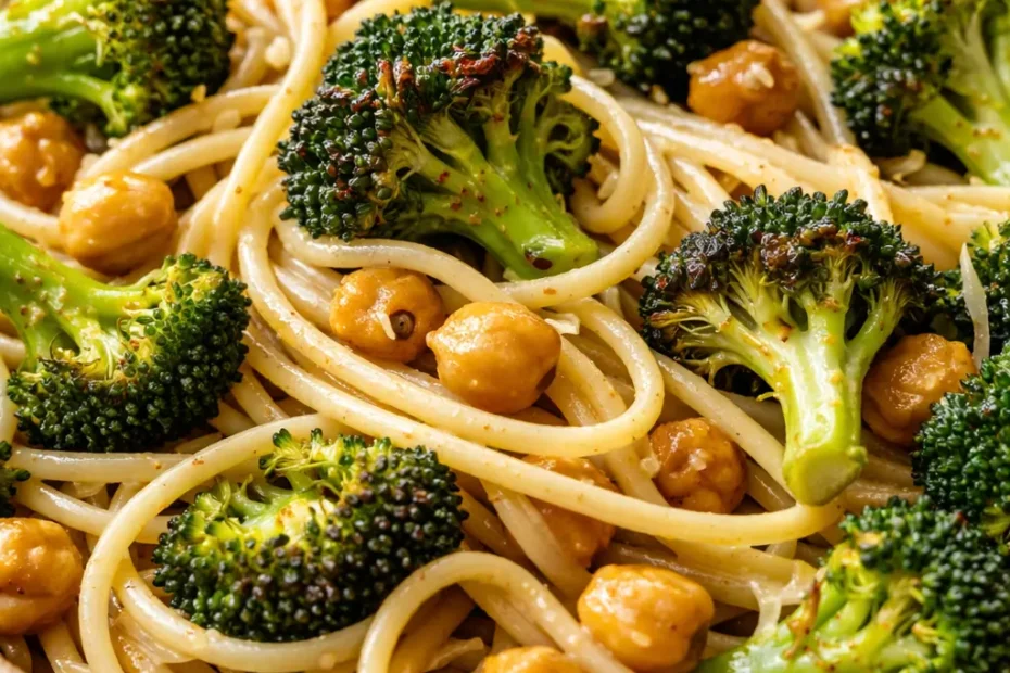 Steaming bowl of creamy broccoli chickpea pasta with al dente pasta, vibrant green broccoli florets, and tender chickpeas in a light sauce, topped with parmesan.