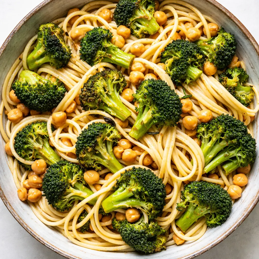 Tender broccoli florets and chickpeas tossed with al dente pasta in a savory garlic sauce, sprinkled with Parmesan cheese.