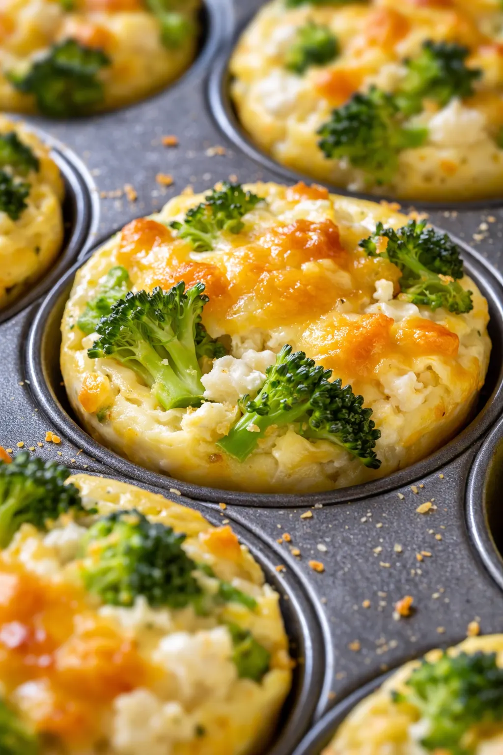 Fluffy broccoli cottage cheese egg muffins piled on a plate, golden brown tops with visible green broccoli pieces and melted cheese spots.