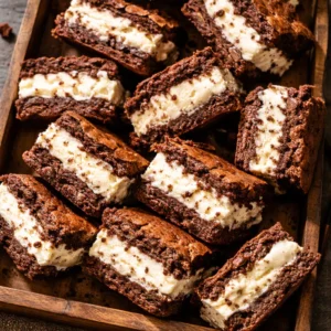 Assembling brownie ice cream sandwiches by placing a scoop of creamy vanilla ice cream between two firm chocolate brownie layers