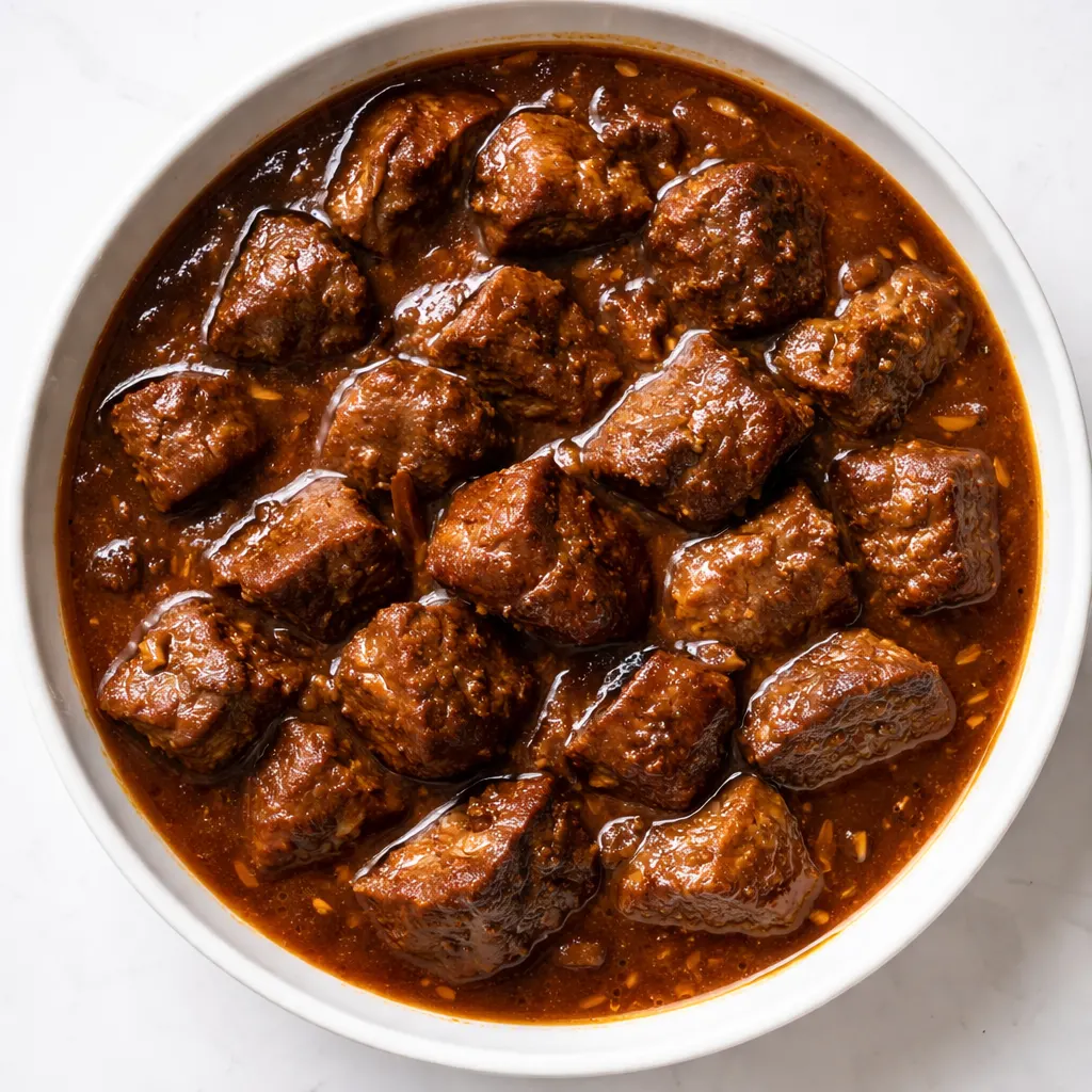 Beef chunks simmering in a rich, dark broth with onions and bell peppers in a heavy pot, steam rising – carne guisada braising process.