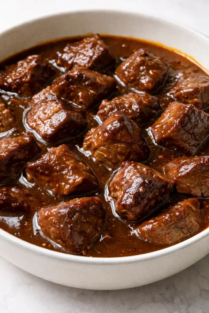 Tender carne guisada braised beef in rich gravy with warm flour tortillas, sprinkled with cilantro and diced tomatoes.