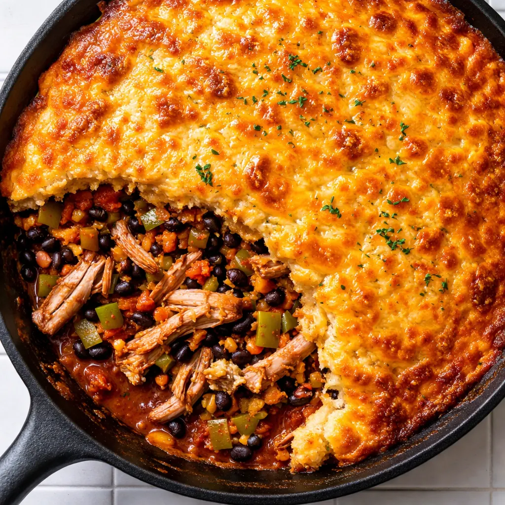 A slice of Celestine-inspired tamale pie with juicy beef filling and golden cornbread crust, steam rising