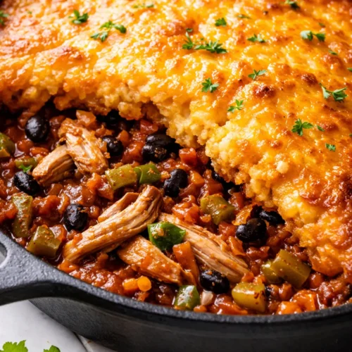 Golden, juicy Celestine-inspired tamale pie topped with melted cheese and cornbread crust, steaming hot and bubbling with hearty filling.