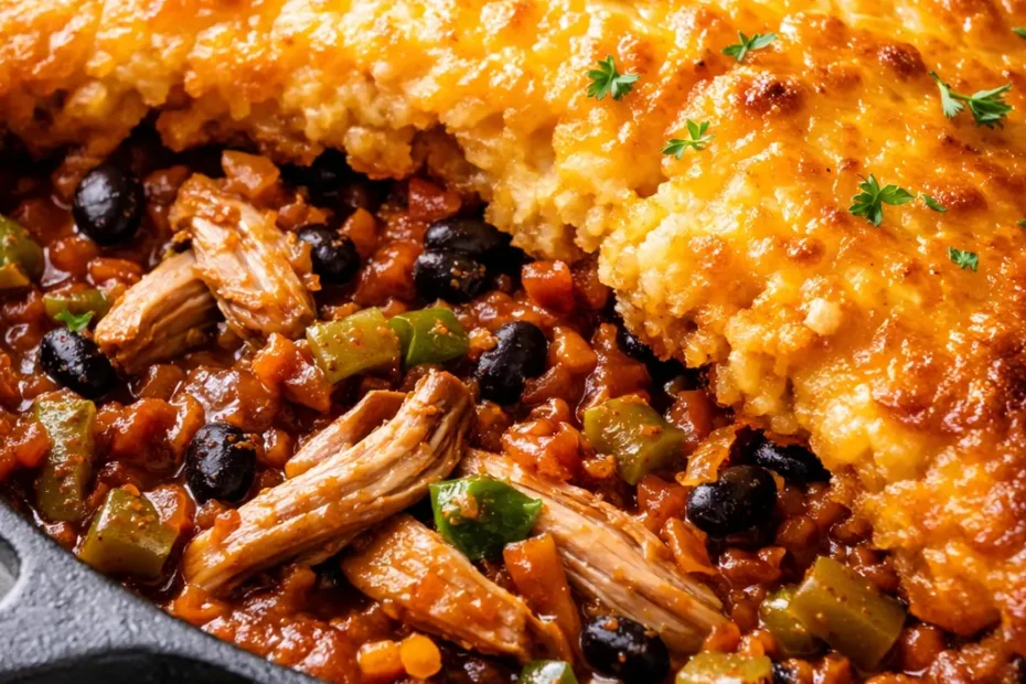 Golden, juicy Celestine-inspired tamale pie topped with melted cheese and cornbread crust, steaming hot and bubbling with hearty filling.