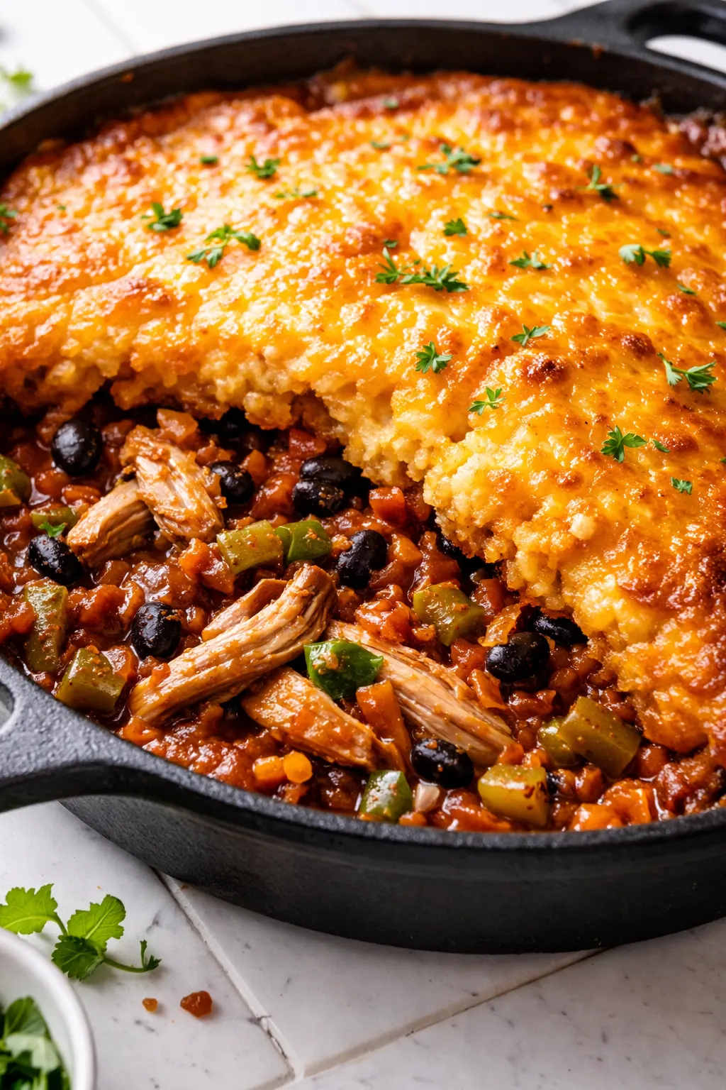 Golden, juicy Celestine-inspired tamale pie topped with melted cheese and cornbread crust, steaming hot and bubbling with hearty filling.