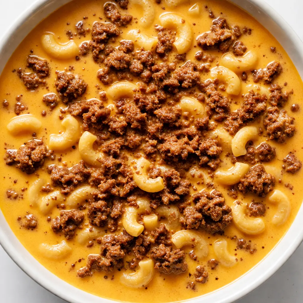Warm cheeseburger macaroni soup in a bowl, topped with melted cheddar cheese and fresh parsley.