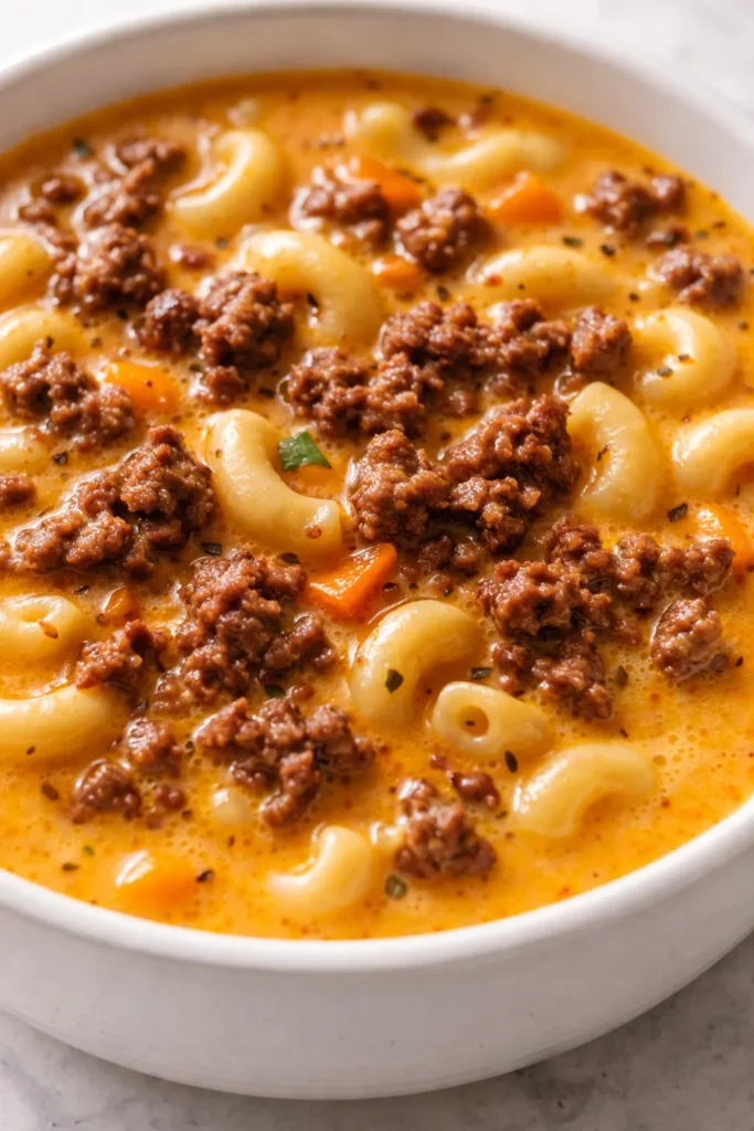 Bowl of creamy cheeseburger macaroni soup with ground beef, melted cheddar, and elbow macaroni, topped with fresh green onions and shredded cheese.