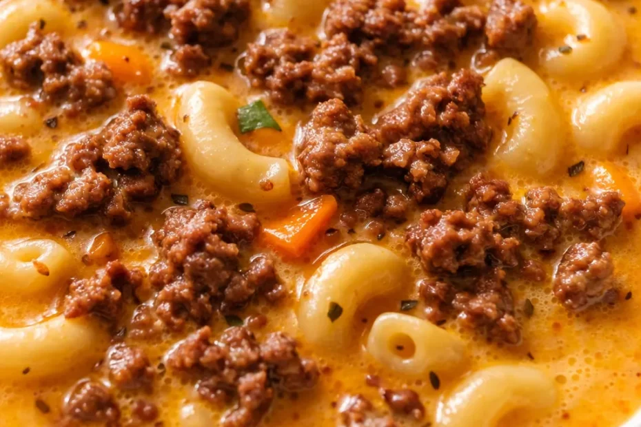 Bowl of creamy cheeseburger macaroni soup with ground beef, melted cheddar, and elbow macaroni, topped with fresh green onions and shredded cheese.