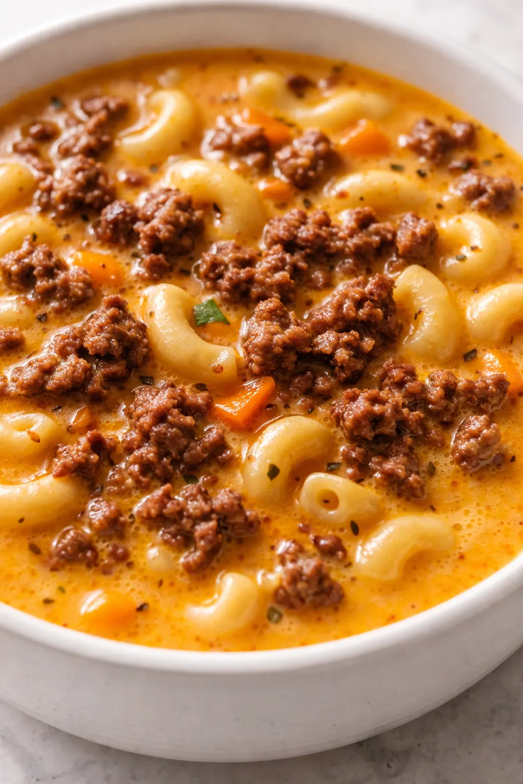 Bowl of creamy cheeseburger macaroni soup with ground beef, melted cheddar, and elbow macaroni, topped with fresh green onions and shredded cheese.