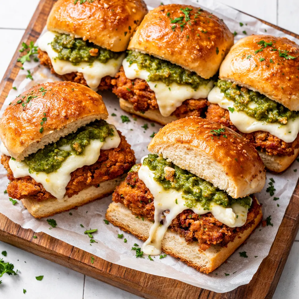 Golden crispy chicken sliders with melted mozzarella, pesto, and garlic on a baking sheet, ready in 30 minutes.