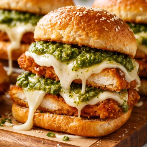 Cheesy garlic pesto chicken sliders with melted mozzarella, crispy golden chicken, and fresh basil on soft toasted buns.