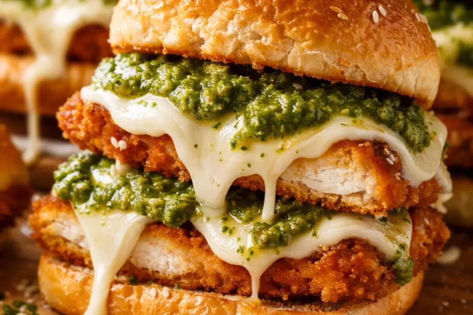 Cheesy garlic pesto chicken sliders with melted mozzarella, crispy golden chicken, and fresh basil on soft toasted buns.