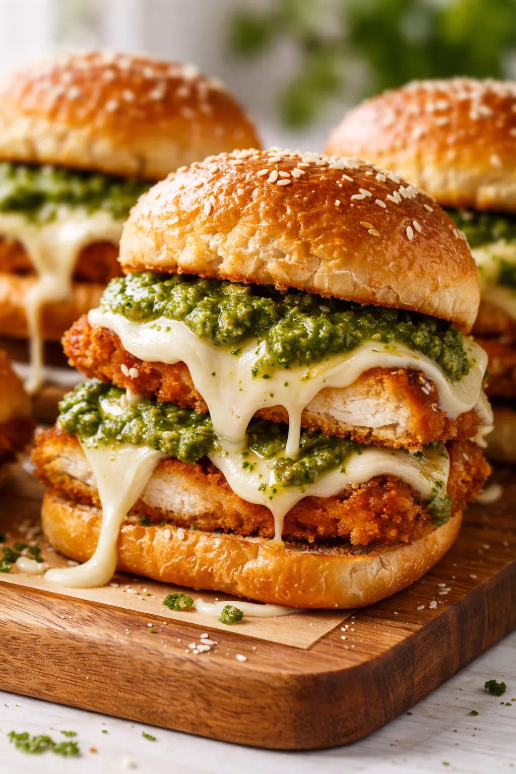 Cheesy garlic pesto chicken sliders with melted mozzarella, crispy golden chicken, and fresh basil on soft toasted buns.