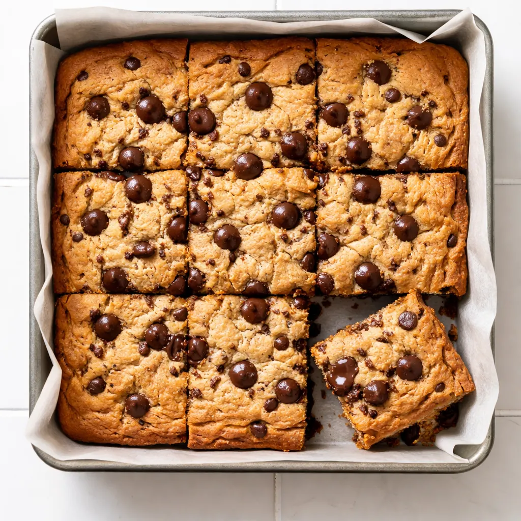 Pressing cookie dough into a greased baking pan, chocolate chips visible, for chewy chocolate chip cookie bars.