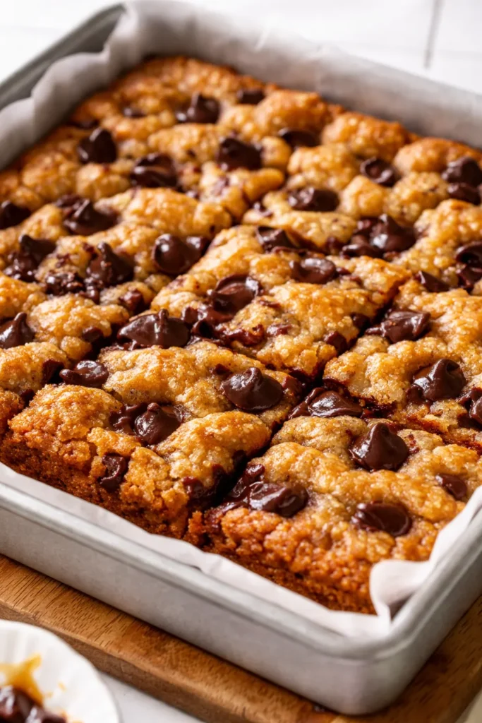 Golden brown chewy chocolate chip cookie bars with gooey chocolate chips, slightly crispy edges and soft center, cut into squares on a cooling rack.