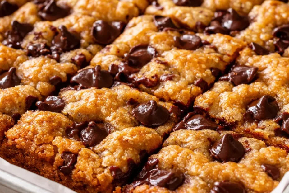 Golden brown chewy chocolate chip cookie bars with gooey chocolate chips, slightly crispy edges and soft center, cut into squares on a cooling rack.