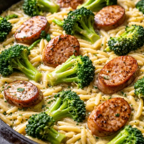 A steaming one-pan chicken sausage broccoli orzo skillet with tender orzo, vibrant green broccoli florets, and golden-brown sausage slices.