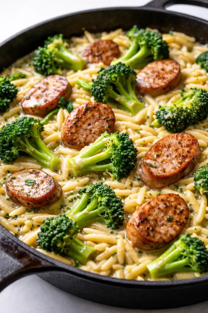 A steaming one-pan chicken sausage broccoli orzo skillet with tender orzo, vibrant green broccoli florets, and golden-brown sausage slices.