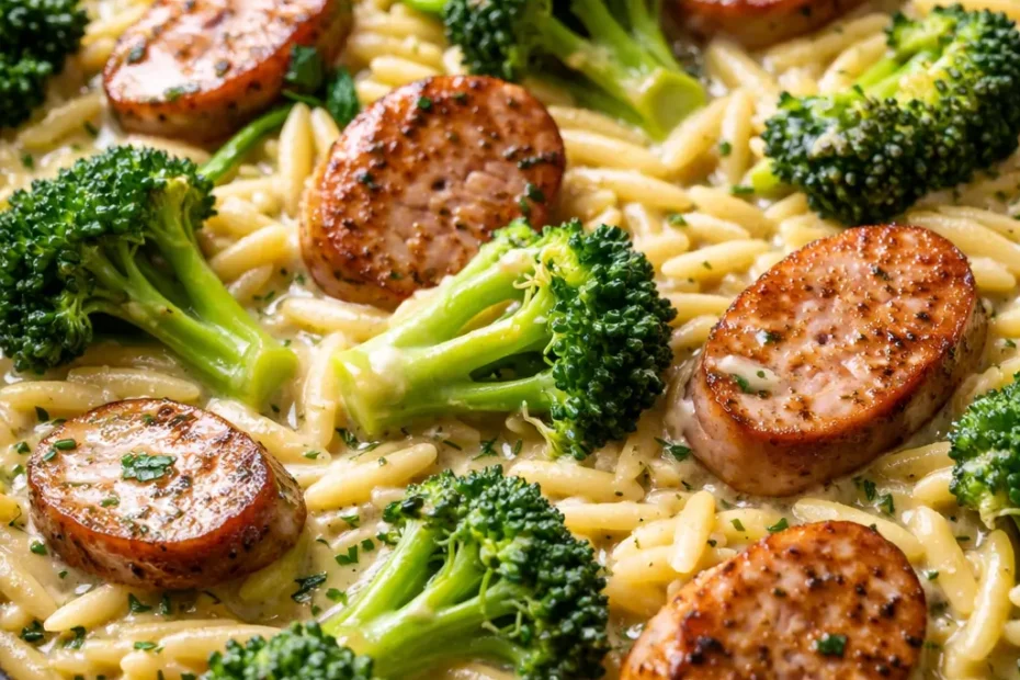 A steaming one-pan chicken sausage broccoli orzo skillet with tender orzo, vibrant green broccoli florets, and golden-brown sausage slices.