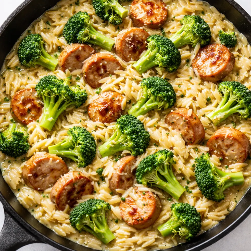 Chicken sausage slices browning with broccoli florets and orzo pasta in a skillet, golden and green colors with steam rising.